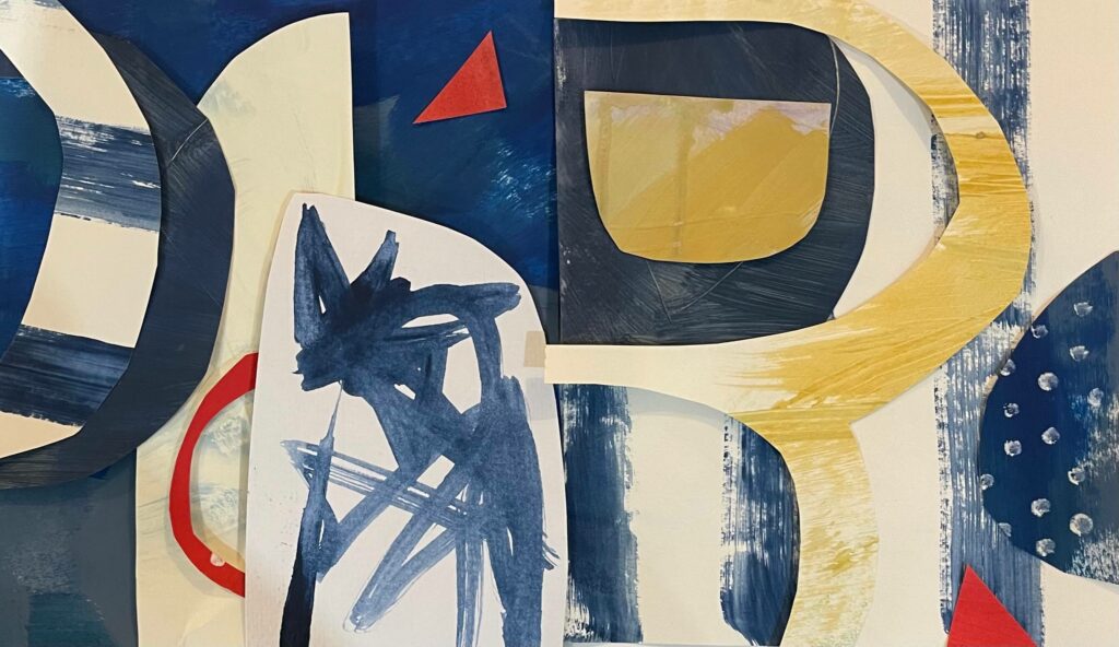 collage inspired by coastal motifs, blue yellow white and red shapes
