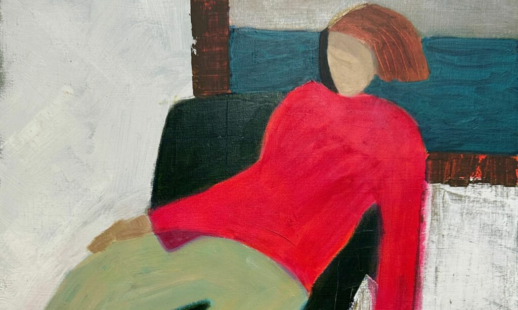 abstract painting of girl reclining in bright pink jumper