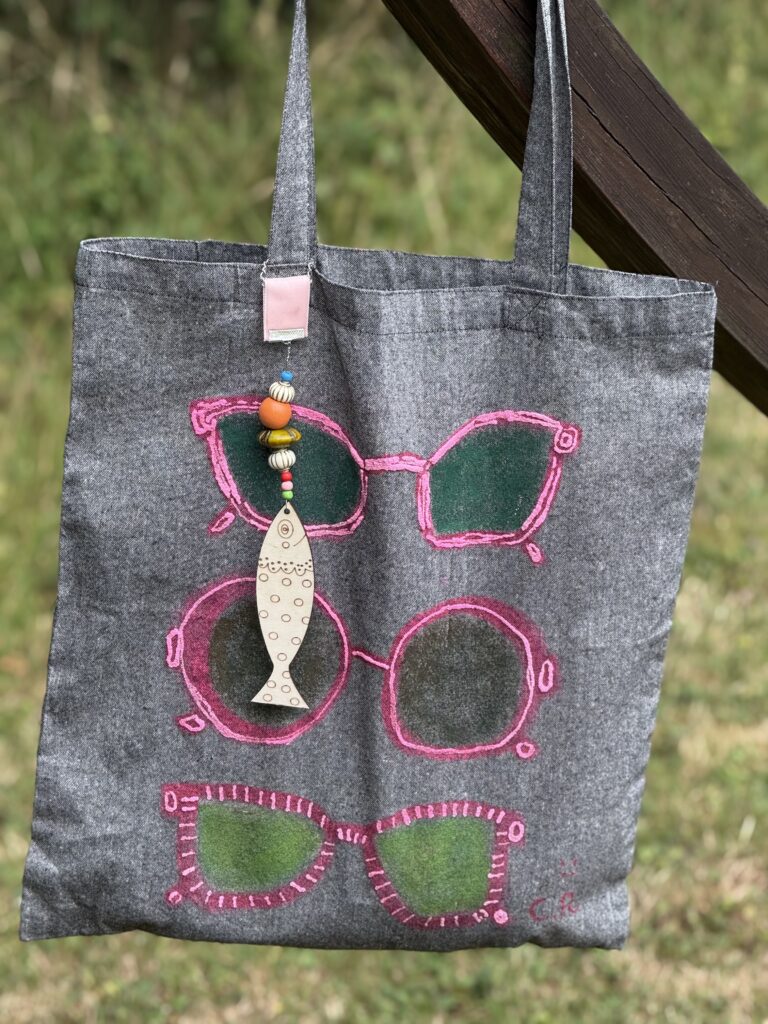 Chrissie Richards hand painted tote bag with sunglasses and charm