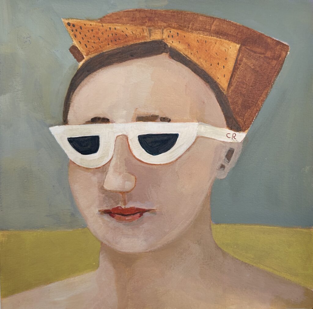 painting of stylish retro woman wearing white sunglasses and head scarf