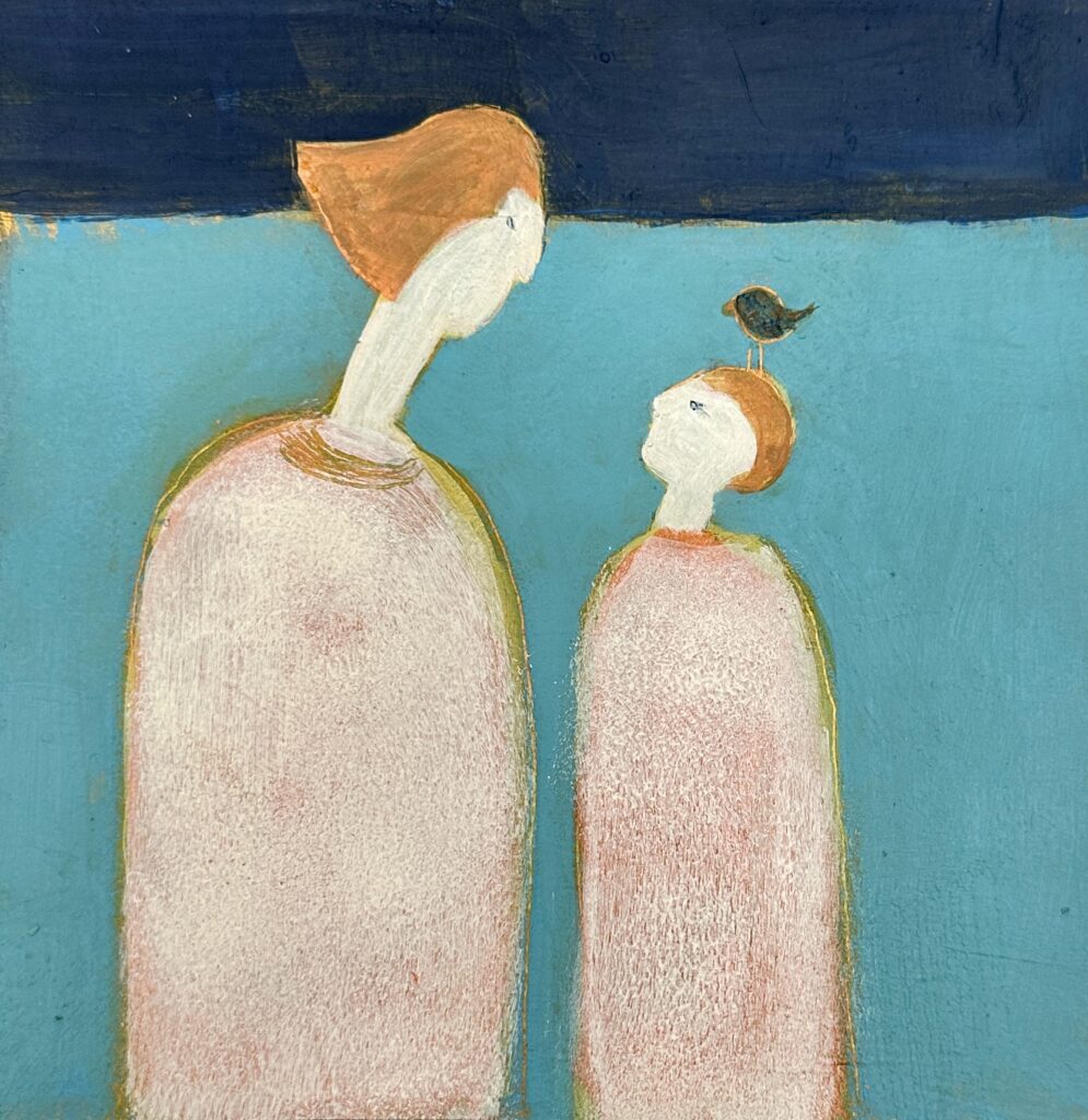 painting of two abstract people one with a small black bird on their head chrissie richards artist